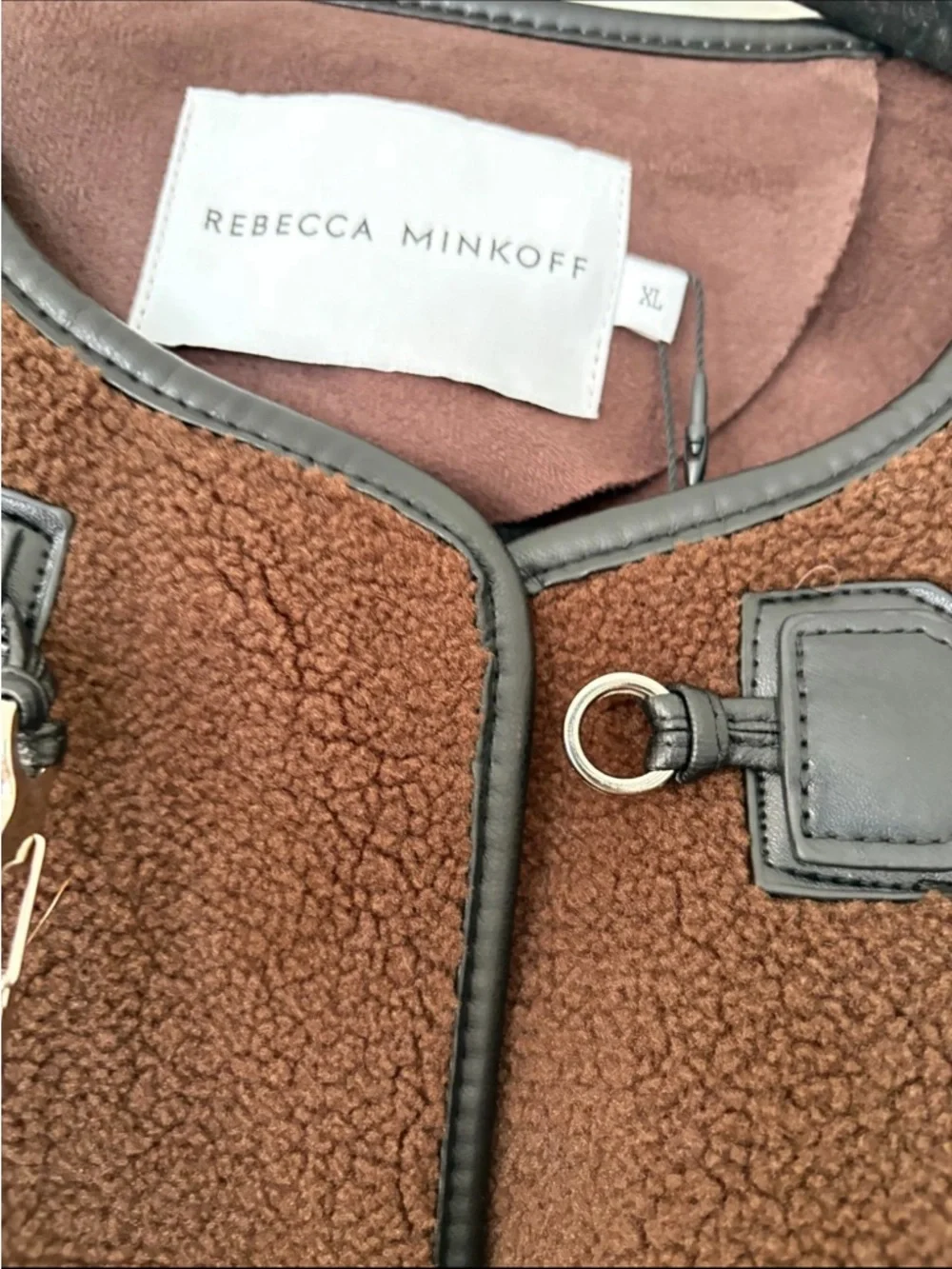 NWT $268 Rebecca Minkoff Shearling Toggle Jacket Chocolate Brown XL - Picture 5 of 7